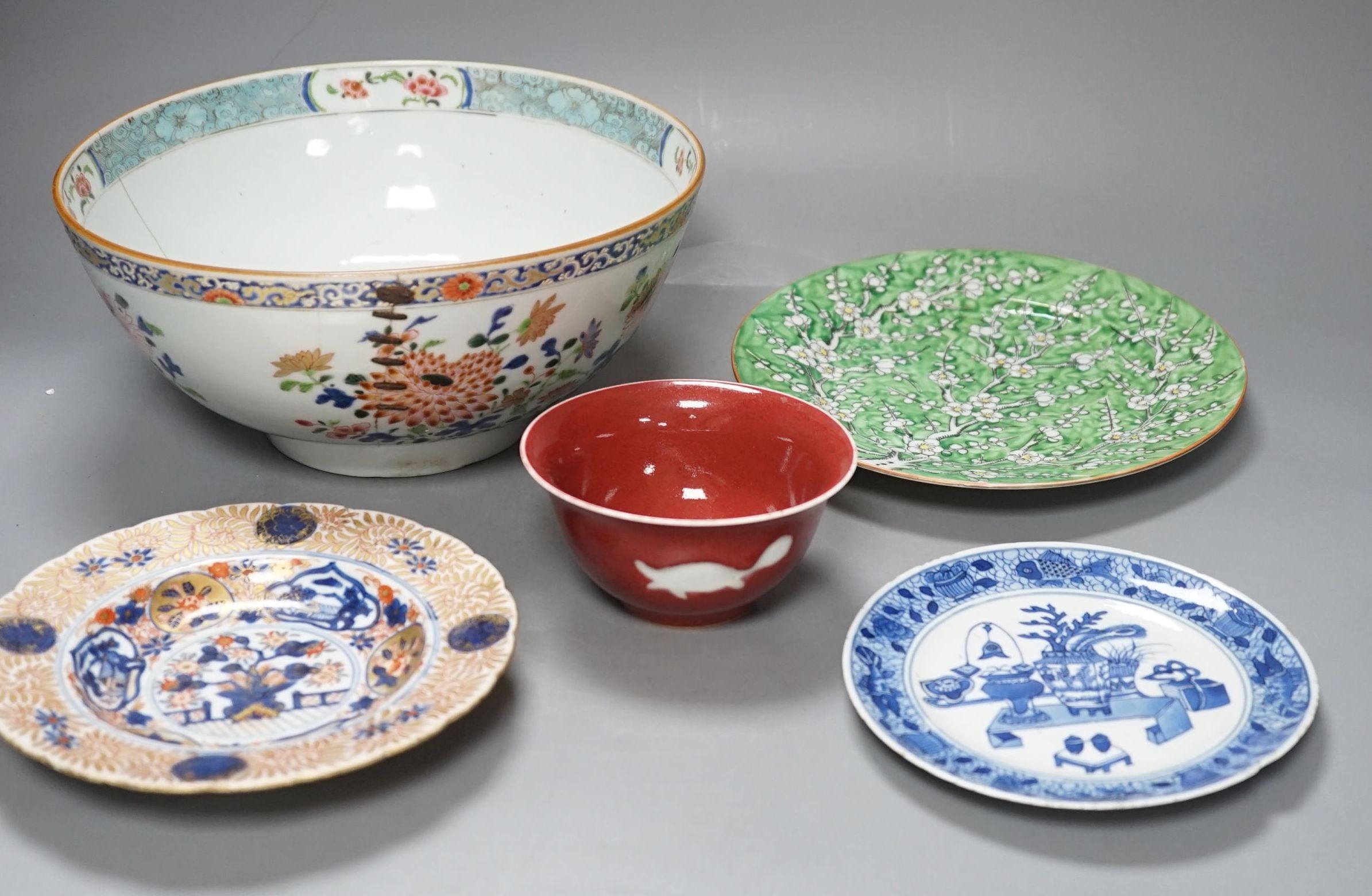 A Chinese Kangxi Imari dish, a blue and white dish, Qianlong famille rose bowl, a republic period plate and later sang de boeuf bowl